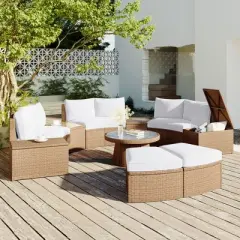 FIONECA 10-Piece Outdoor Sectional Half-Round Patio Rattan Sofa Set, White PE Wicker Conversation Furniture, Modular Combination
