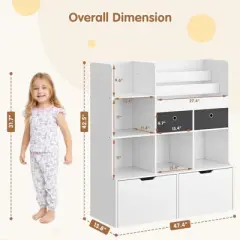 Coolmee Kids Wooden Bookshelf with 4 Drawers, 47.8in Baby Bookcase Storage Book Rack, Toy Organizer Cabinet Chest, Toddler Book Display Shelf