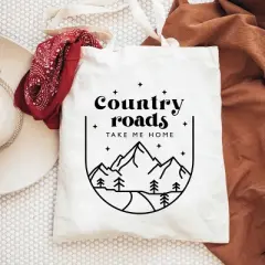 City Creek Prints Country Road Mountains Canvas Tote Bag - 15x16 - Natural