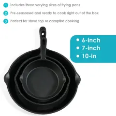Sunnydaze Indoor/Outdoor Heavy-Duty Pre-Seasoned Cast Iron Skillet Frying Pan Set - 6", 7", and 10" - Black - 3pc