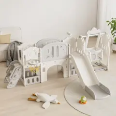 DSVIMOY Toddler Slide, Kids Slide for Toddlers Age 1-4, 11-in-1 Baby Slide, Outdoor Indoor Playground, Grey&Ivory, 116.54"*64.96"*44.09"