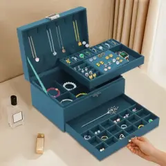 YIYIBYUS Green Flannel 3-layer Jewelry Organizer Necklace Storage Box