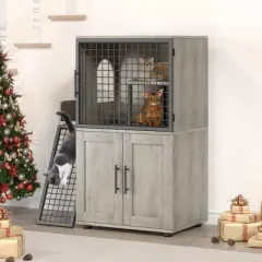 Modern Cat Litter Box Enclosure with Platform & Ladder &ndash; Double Layer Hidden Cat Washroom, 33.5" L x 17.9" W x 41.9" H, Grey