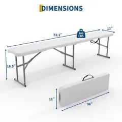 GustoWave Portable Folding Bench 6 Foot, Plastic Foldable Bench HDPE BenchTop with Carrying Handle for Outdoor Activities - White