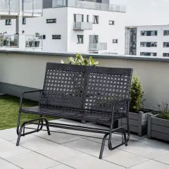 Outsunny Patio 2-Person Wicker Glider Bench Rocking Chair, Outdoor All-Hand Woven PE Rattan Loveseat for Patio, Garden, Porch, Lawn, Black