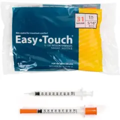 Easy Touch Insulin Syringes Short Needle 31 Gauge 1mL 8mm, 100 Ct