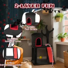 Angel Sar 42" Gothic Cat Tree with Spacious Condo Branch Shaped Scratching Post and Spider Toy Red Black Cat Tower for Indoor Cats