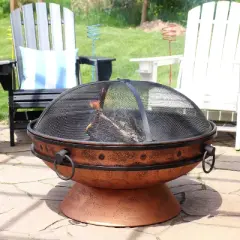 Sunnydaze Outdoor Camping or Backyard Large Round Fire Pit Bowl with Handles and Spark Screen - 30" - Copper Finish