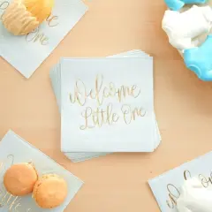 Blue Panda 50 Pack Light Blue Baby Shower Cocktail Napkins for Boy, Gold Foil Welcome Design Gender Reveal Party Supplies, 5x5 In