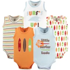 Luvable Friends Baby Boy Cotton Sleeveless Bodysuits 5pk, Surfer
