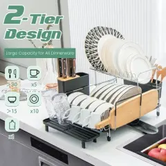 Costway 2 Tier Dish Drying Rack Rustproof Dish Rack and Drainboard Set Kitchen Counter