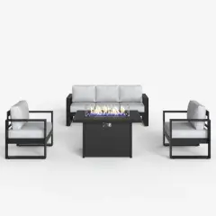 LayinSun 4 Pieces Aluminum Outdoor Patio Furniture Set, Metal Modern Conversation Sofa Set with Fire Pit Table and Washable Thick Cushions