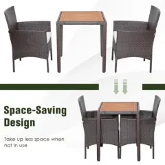 Tangkula Set of 3 Wicker Dining Set Acacia Wood Table Top W/ Cushioned Chairs Patio Garden