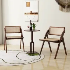 Costway Foldable Dining Chairs Set of 2/4 with Woven Rattan Backrest & Seat Rubber Wood Frame Brown