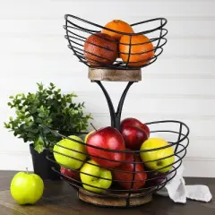 Enlea Modern Farmhouse 2 Tier Fruit Basket for Kitchen Counter, Wire and Wooden Base Fruit Bowl/Stand for Kitchen Countertop Decor