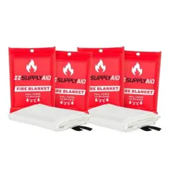 SupplyAID 4 Pack Emergency Fire Blankets for Home Essentials, Camping Gear, and Safety Supplies, 40 x 40 Inches, Fiberglass, White