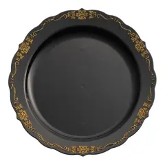 Smarty Had A Party 10" Black w/ Gold Vintage Rim Plastic Dinner Plates - 120 pcs