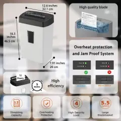 Bonsaii 12-Sheet Cross Cut Shredder, 5.5 Gal, for Paper, Credit Cards, Mail, Staples, P-4 Security, Transparent Window, White/Black, for Home Office