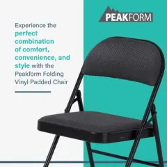 Peakform Folding Vinyl Padded Chair with Comfortable Seat Cushion, Compact, Lightweight, Easy Storage, 4 Pack, Gray Design, Black Frame