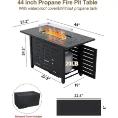 44"Outdoor Propane Fire Pit 48,000 Btu Sheet Metal Gas Fire Pit Table with Lid, Wind Guard and Rainproof ，2-in-1 Fire Table for Parties, Garden