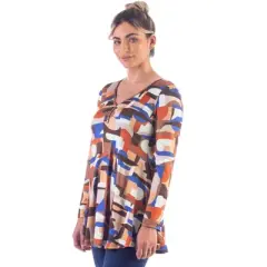 24seven Comfort Apparel Orange Print Long Sleeve V Neck Tunic Top