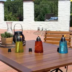 Sunnydaze Outdoor Refillable Glass Tabletop Torches with Long-Lasting Fiberglass Wicks - Blue, Orange, and Green - 3pc