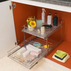 VEVOR 2 Tier 17"W x 21"D Pull Out Cabinet Organizer, Heavy Duty Slide Out Pantry Shelves, Chrome-Plated Steel Roll Out Drawers