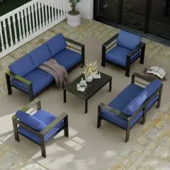 7 Seats Aluminum Patio Furniture Set, 5 Pieces Outdoor Sectional Conversation Set Sectional Sofa with 4" Armrest & 5" Thick Cushions & Coffee Table