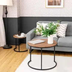 Costway Nesting Coffee Table Set of 2 for Balcony Living Room Modern Round Side Tables Rustic Brown/Brown/Gold