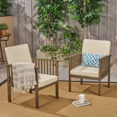 FIONECA Patio Acacia Wood Outdoor Furniture Set &uml;C 2 Club Chairs with Cream Cushions & Foldable End Table, Garden Patio Deck (Grey Finish)