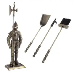 Hastings Home Medieval Knight Cast Iron Fireplace Tool Set - Antique Brass Finish