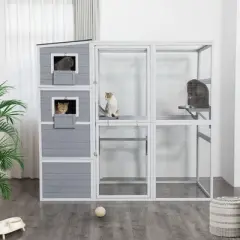 Sevobal Pet Crates and Houses, 2-Tier Cat House with Platform and Windows, Large Capacity Cage for 2-4 Cats, Gray, 75.9"*33.5"*70"