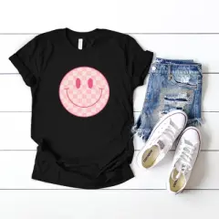 Simply Sage Market Women's Pink Checker Smiley Face Short Sleeve Graphic Tee