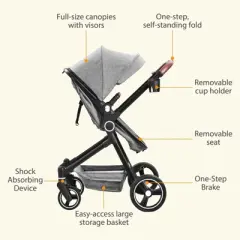 Foldable 2-In-1 Baby Stroller & Bassinet, Reversible Seat, Adjustable Backrest & Canopy, Storage Basket, Suspension Wheels, Light Grey