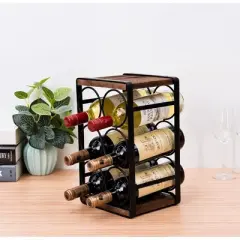 Itopfox Rustic Wood Countertop Wine Rack for 6 Bottles, No Assembly Required, Elegant Brown Finish for Kitchen or Bar Display