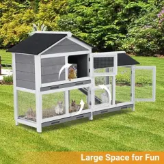 Bunny Hutch Indoor with 3 Leak-Proof Trays, Wooden Waterproof Roof Rabbit Hutch Indoor/Outdoor, 2-Tier Bunny House/Chicken Coop