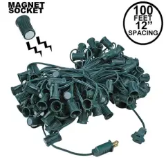 Novelty Lights C9 Magnetic Socketed Holiday Light String, Green Wire with 12 Inch Spacing, E17 Sockets, For Steel Surfaces