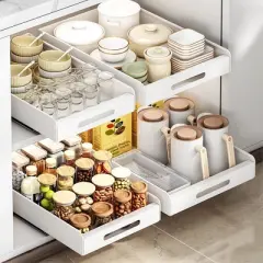 Pull Out Cabinet Organizer, Sturdy Carbon Steel Slide-Out Shelves, Slide Out Shelf Fixed With Adhesive, Extendable Slide Out Drawer White