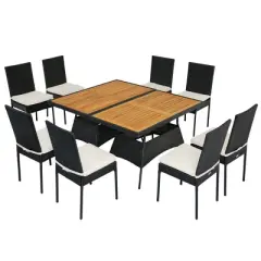Tangkula 10PCS Rattan Patio Dining Set Cushioned Outdoor Furniture Set w/ Wooden Tabletop