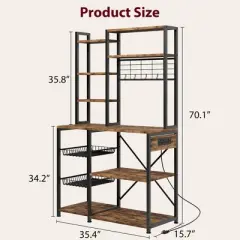 Baker Rack with Power Outlet, Kitchen Bakers Rack with 2 Wire Basket, Microwave Stand with Large Open Storage Shelves