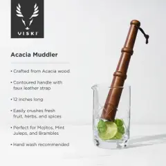 Viski Acacia Wood Cocktail Muddler Bar Utensils, Wooden Muddler Bar Essentials, Barware Muddler for Cocktails, 12in Wood Set of 1