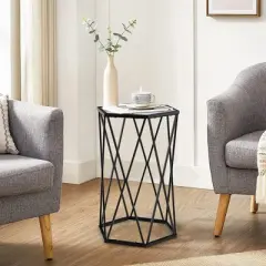 Costway Set of 2 End Table Tempered Glass Top Metal Frame Hexagonal Accent Side Table