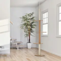 Resenkos Floor-to-Ceiling Cat Tree Cat Climbing Tower with Sisal-Covered Scratching Posts Natural Cat Tree Activity Center, Light brown