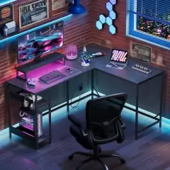 GALAXHERO 60 Inch L-Shaped Gaming Desk with Power Outlets & LED Lights, Corner Desk with Hook, Convertible Office Desk for Bedroom