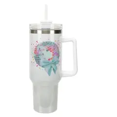 Elanze Designs Retro Disco Ball & Bow Paint Splatter Coquette 40 Oz. Stainless Steel Water Bottle Coffee Mug, Spill & Leak Resistant, Travel Tumbler