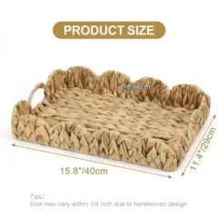 BRINJOY Water Hyacinth with Scalloped Edge Woven - 15.8x11.5 Inch Rectangular Tray with Handles for Farmhouse Kitchen Counter Living Room Decor