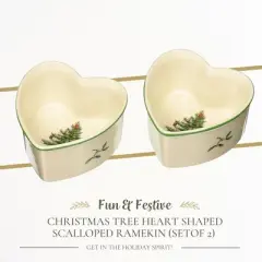 Spode Christmas Tree 3.5" Heart Ramekins Set of 2 - Oven Safe Porcelain Ramekin Dishes for Souffl&eacute;, Cr&egrave;me Br&ucirc;l&eacute;e, Custard- Microwave & Dishwasher Safe