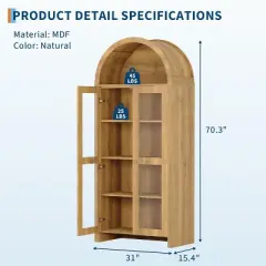 70" Arched Wooden Pantry Cabinet w/ Acrylic Doors & 5 Adjustable Shelves &ndash; Modern Bookshelf & Storage for Kitchen, Dining & Living Room