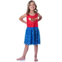 DC Comics Girl's Wonder Woman Logo and Stars Tank Nightgown Costume Pajama Red/Blue