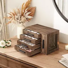 Jewelry Box for Women, Wooden Jewelry Organizer with Transparent Window, 4-Layer Jewelry Organizer Box,Walnut and Black